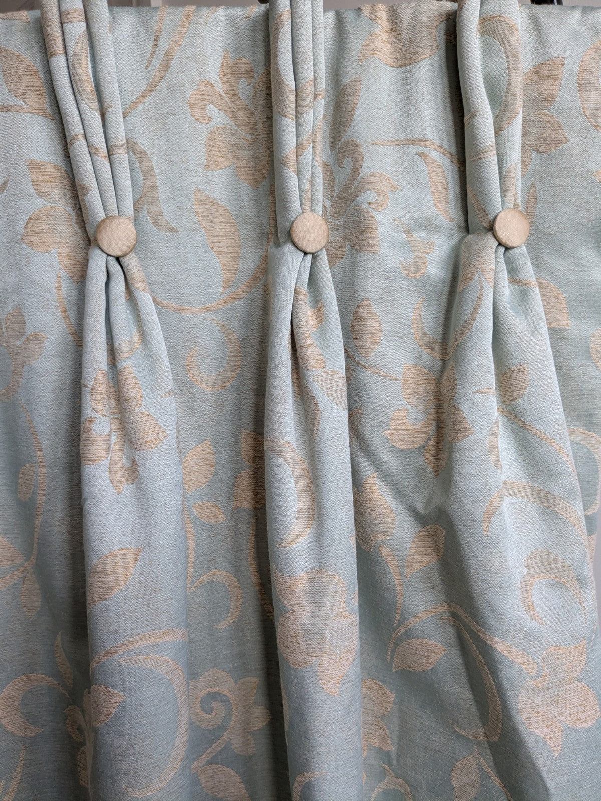 Warm Damask Interlined Curtains W36 x L85 in Duck Egg Blue Satin Jacquard Floral