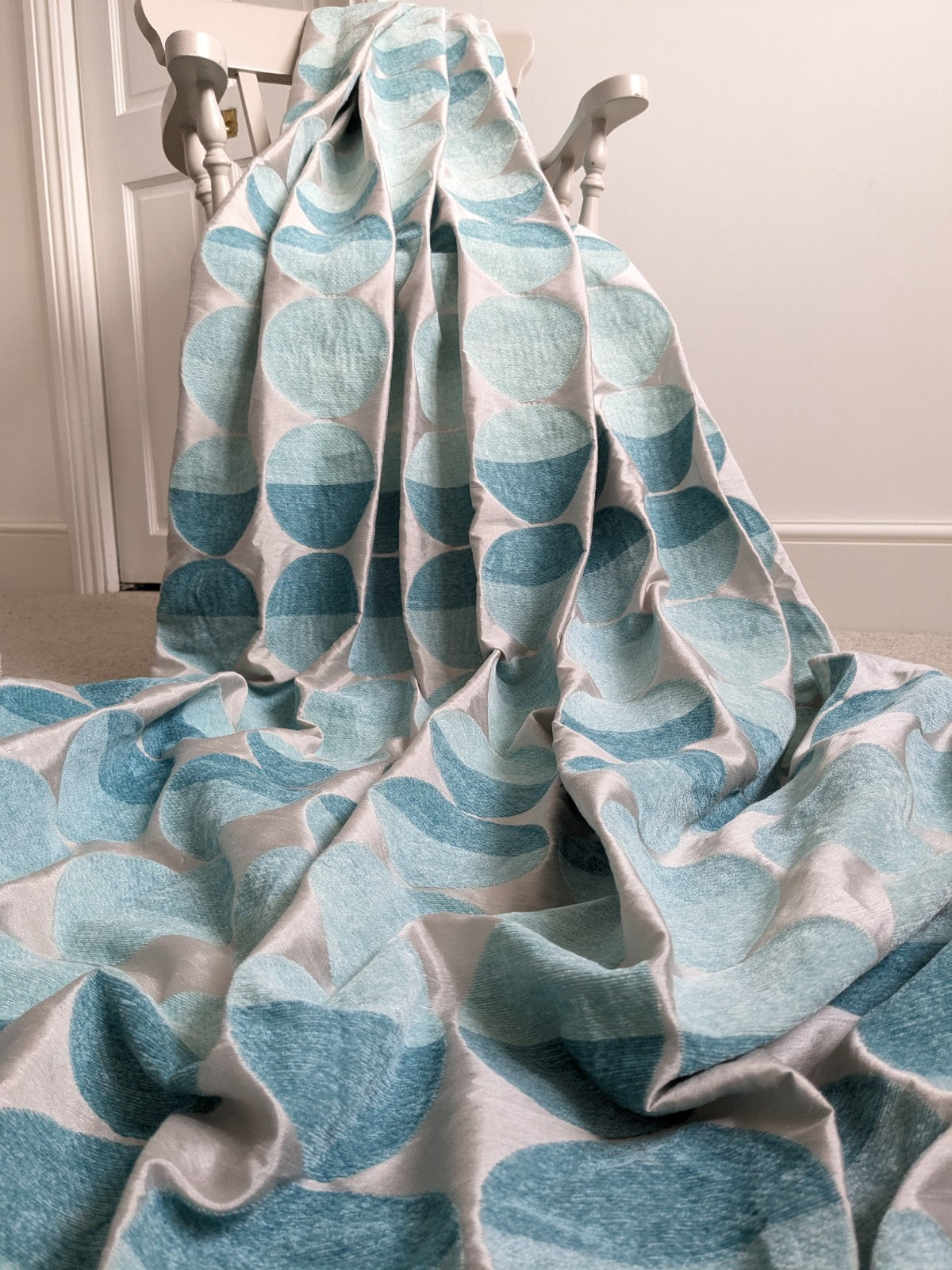 Next Curtains W168 x L229cm Turquoise Beige Eyelet Retro Embroidered Circles