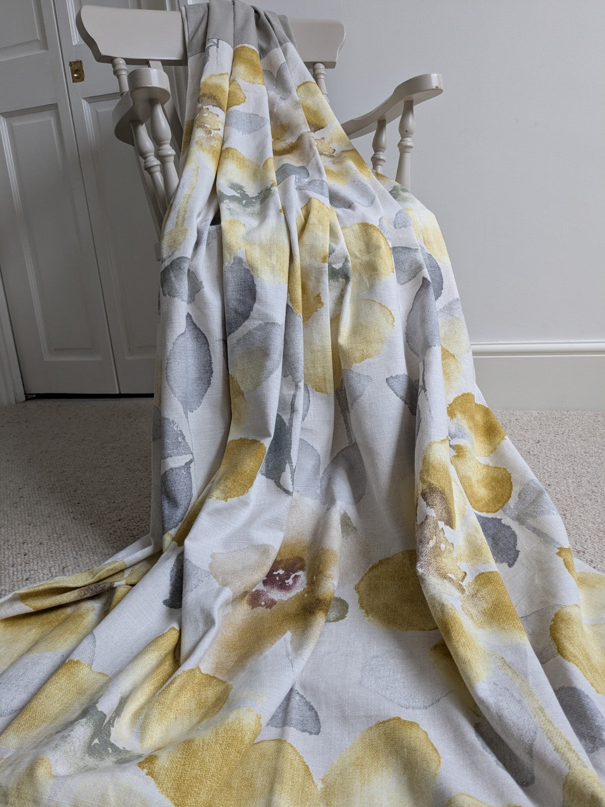 Next Long Cotton Eyelet Curtains 168 x 183 cm W66xD72in Lined Yellow Floral Grey