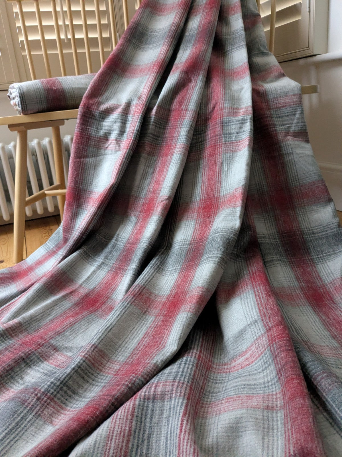 Next Curtains W168 x L229 cm Grey Red Tartan Check Eyelet Long Heavy Faux Wool