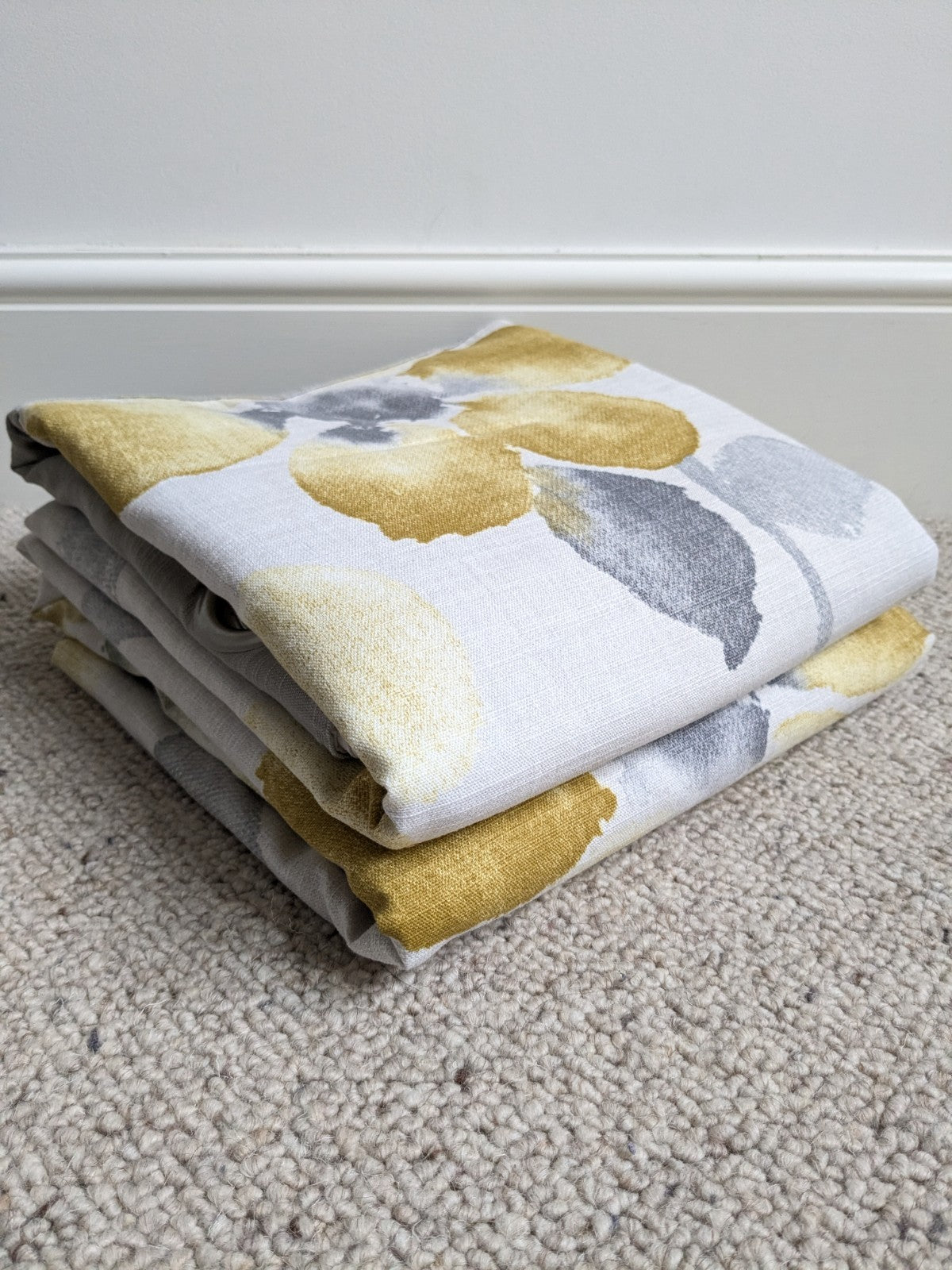 Next Long Cotton Eyelet Curtains 168 x 183 cm W66xD72in Lined Yellow Floral Grey