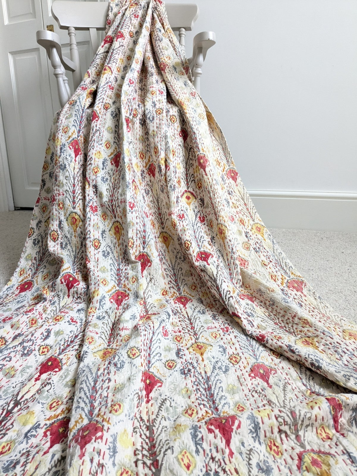 Single Door Curtain Quilted Kantha Throw Pencil W134 x 206 cm Red Yellow READ D.