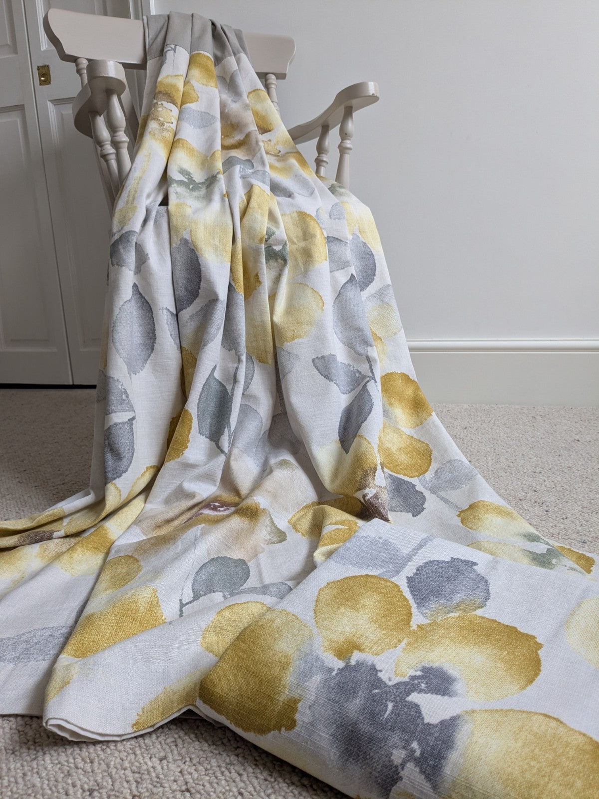 Next Long Cotton Eyelet Curtains 168 x 183 cm W66xD72in Lined Yellow Floral Grey