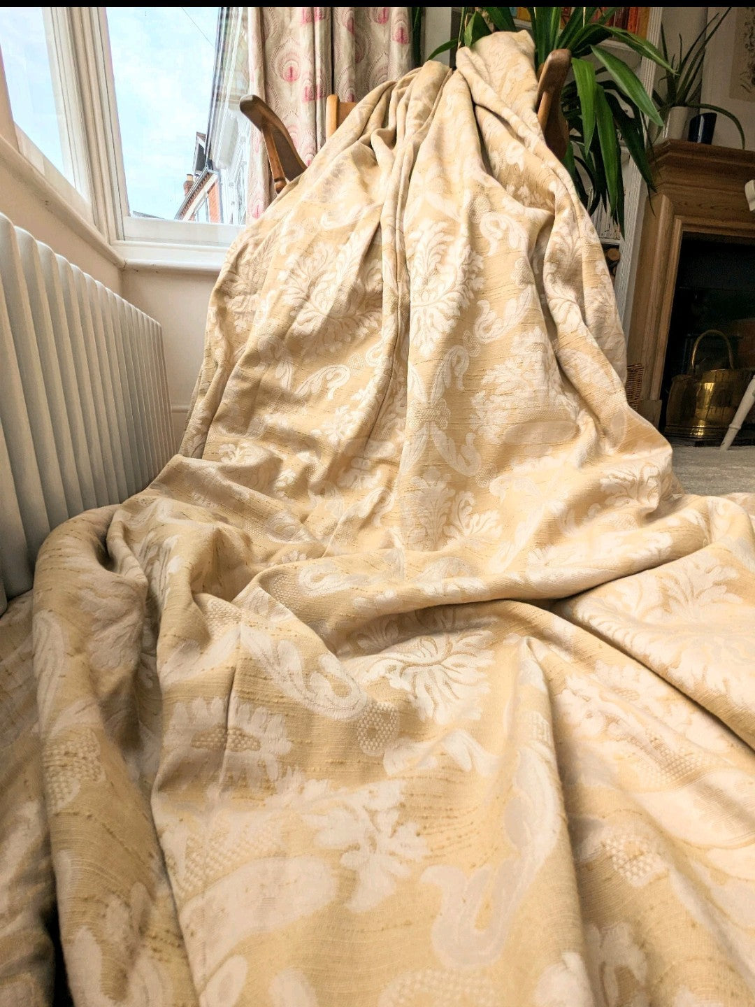 Damask Lined Curtains W140 x L85 in Extra Wide Long Beige Satin Jacquard Heavy