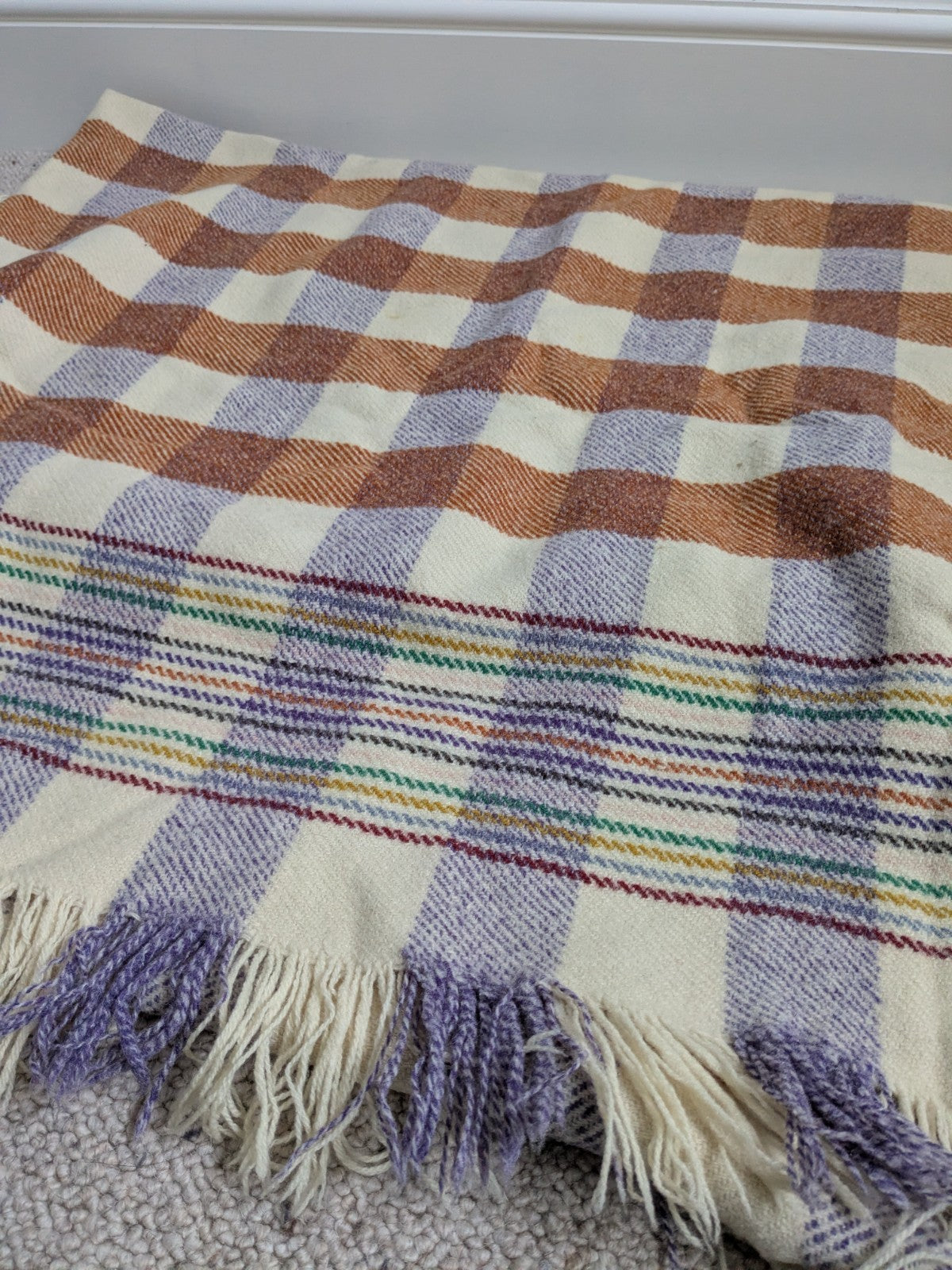 Vintage Welsh Wool Blanket Cream Orange Purple Bedspread Throw 200x190cm READ D