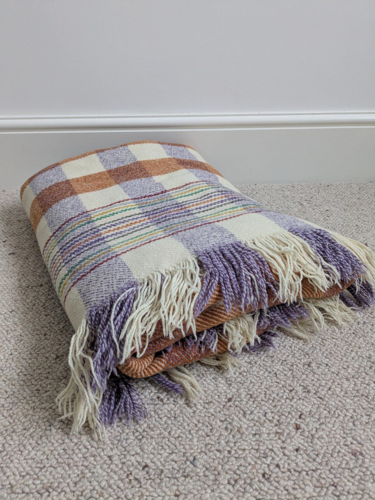 Vintage Welsh Wool Blanket Cream Orange Purple Bedspread Throw 200x190cm READ D