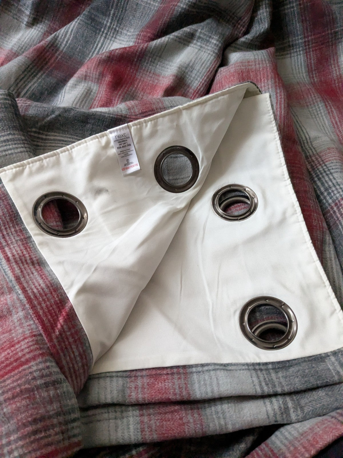 Next Curtains W168 x L229 cm Grey Red Tartan Check Eyelet Long Heavy Faux Wool