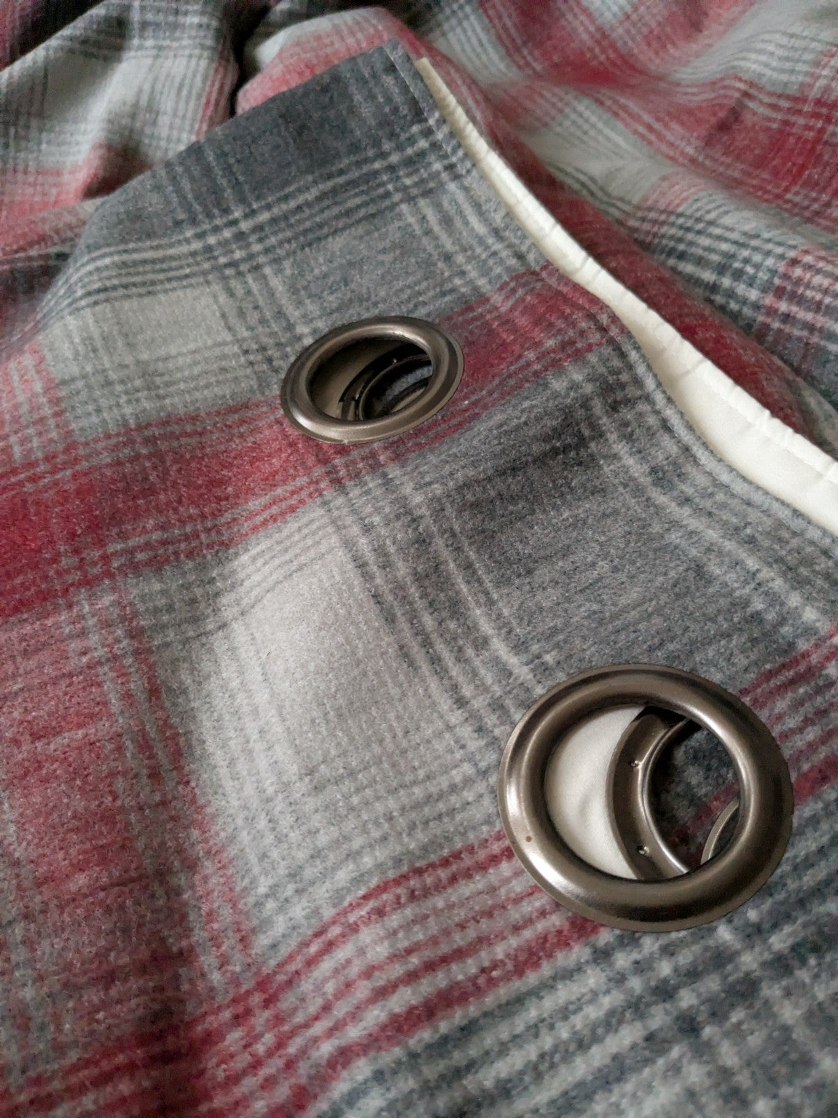 Next Curtains W168 x L229 cm Grey Red Tartan Check Eyelet Long Heavy Faux Wool