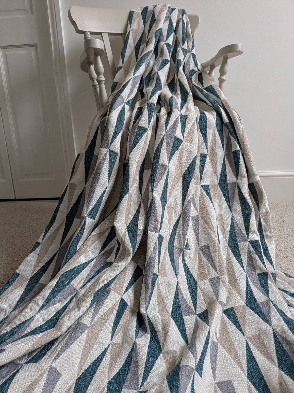 Dunelm Large Geometric Blue Beige Lined Heavy Eyelet Curtains W168 x D182 cm