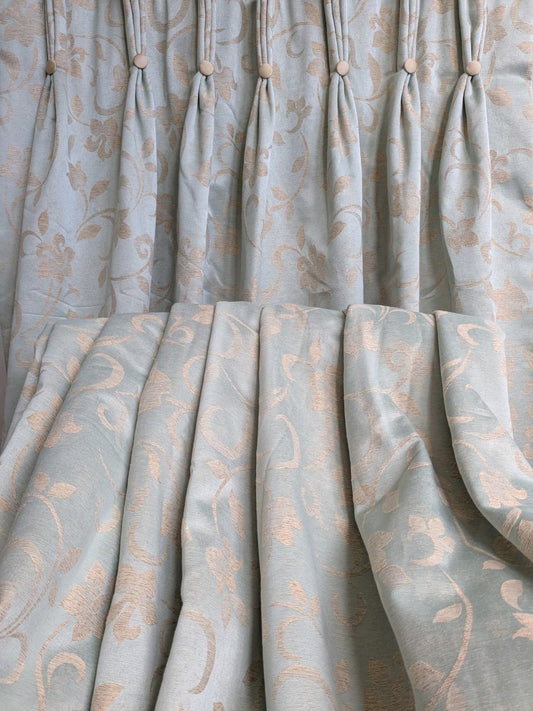 Warm Damask Interlined Curtains W36 x L85 in Duck Egg Blue Satin Jacquard Floral