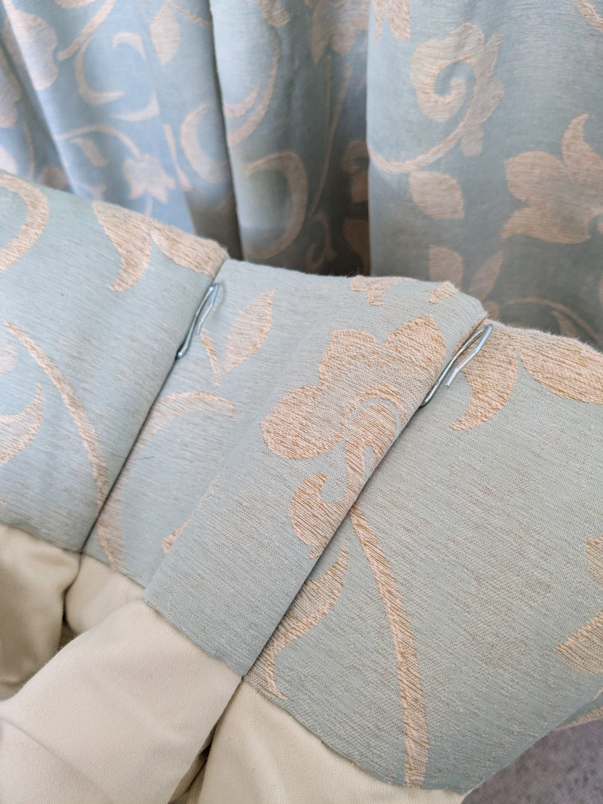 Warm Damask Interlined Curtains W36 x L85 in Duck Egg Blue Satin Jacquard Floral