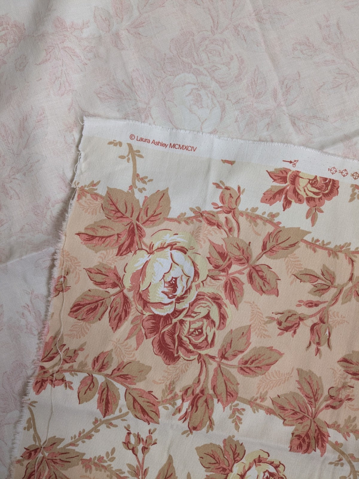 Laura Ashley Fabric Linen Cotton Remnant 1994 Pink Cream Floral 53 x 35 in