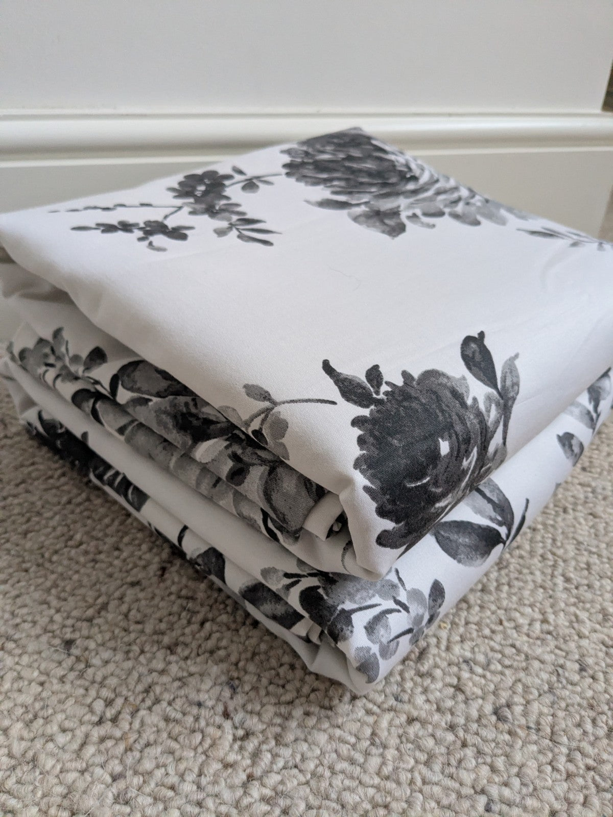 Julian Charles Lined Floral White & Charcoal Long Curtains Eyelet W64" x D90"