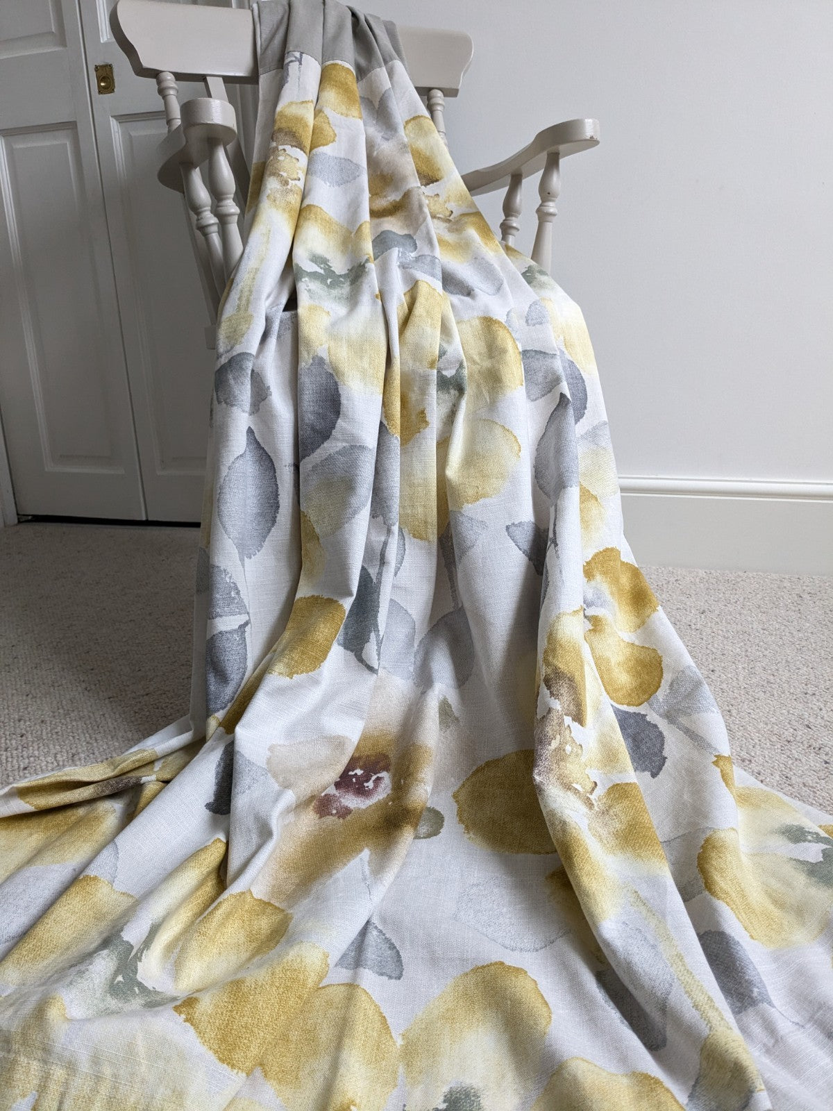 Next Long Cotton Eyelet Curtains 168 x 183 cm W66xD72in Lined Yellow Floral Grey