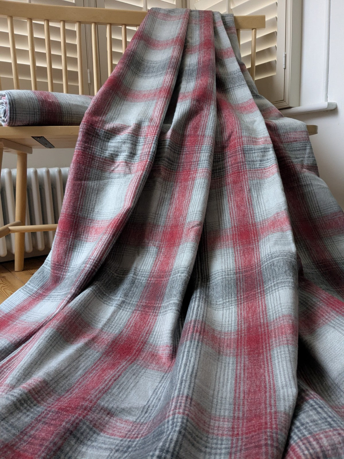 Next Curtains W168 x L229 cm Grey Red Tartan Check Eyelet Long Heavy Faux Wool