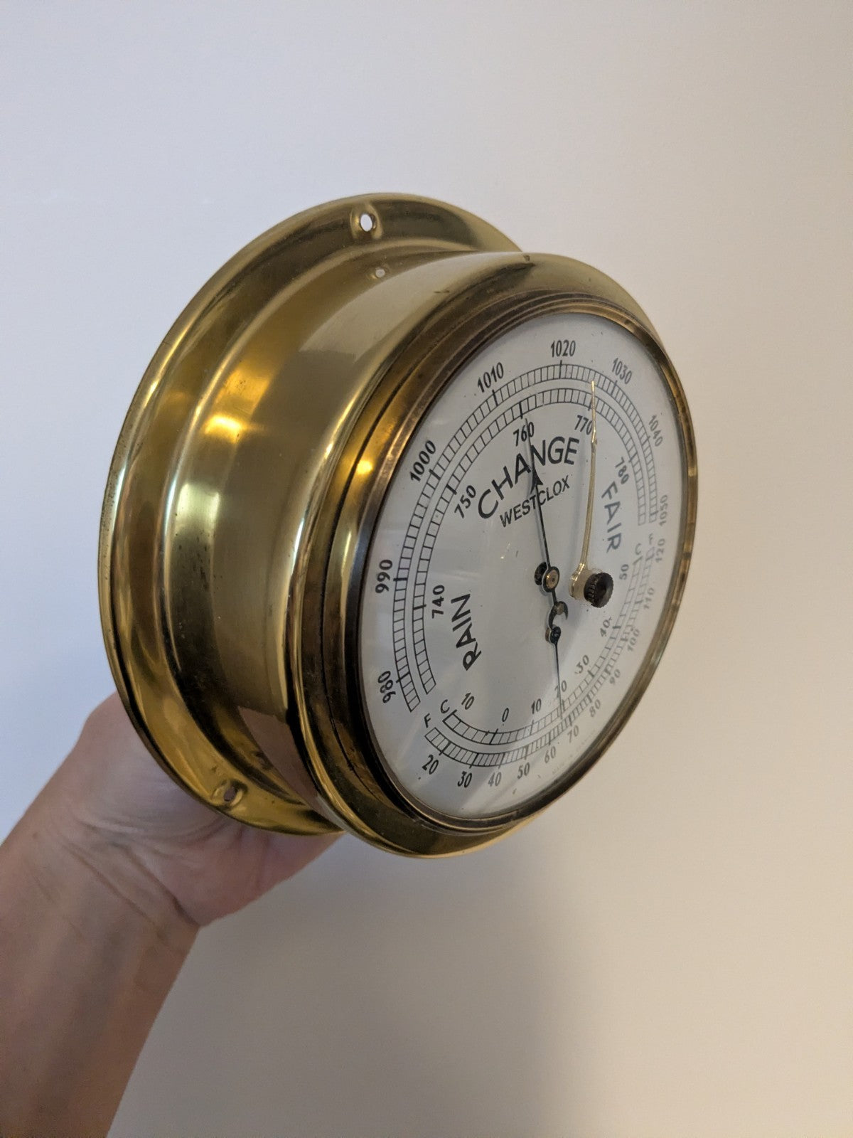 Westclox Wall Mounted Barometer Thermometer Home Weather Brass 6 x 2 in 