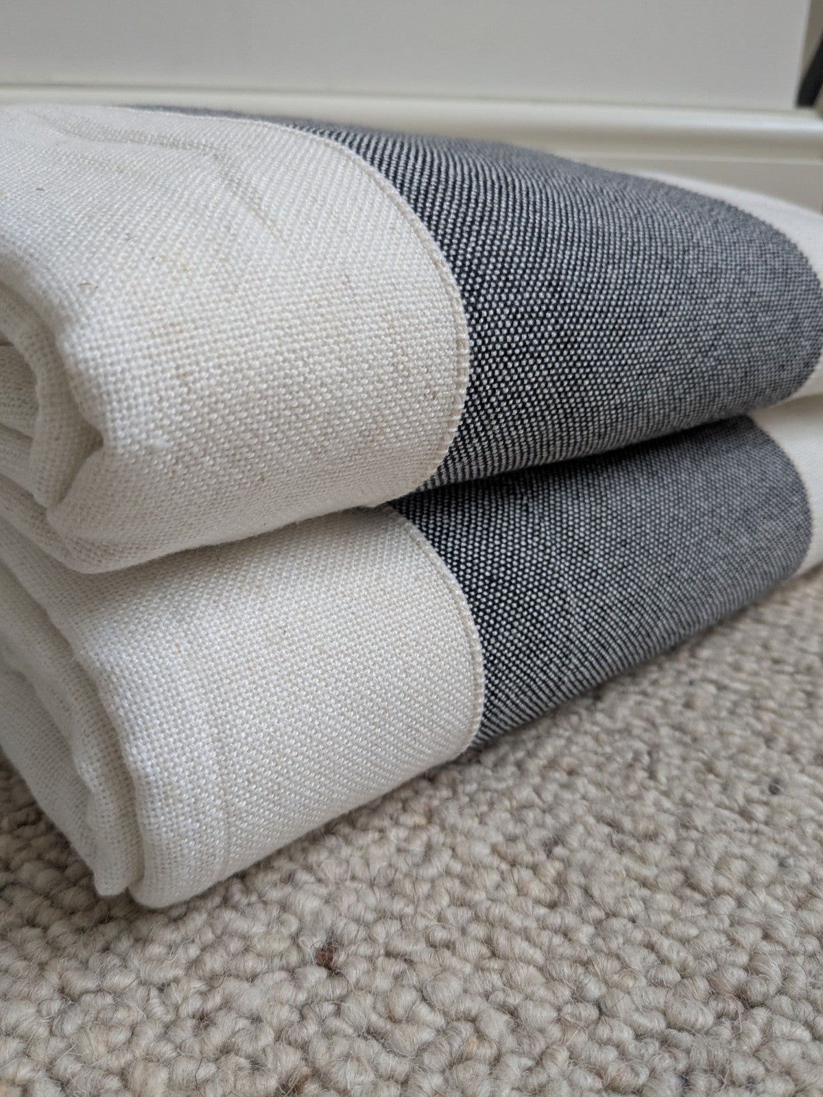 Linen Blend Curtains W168 x L182 cm Blue Off-white Wide Stripes Eyelet Nautical