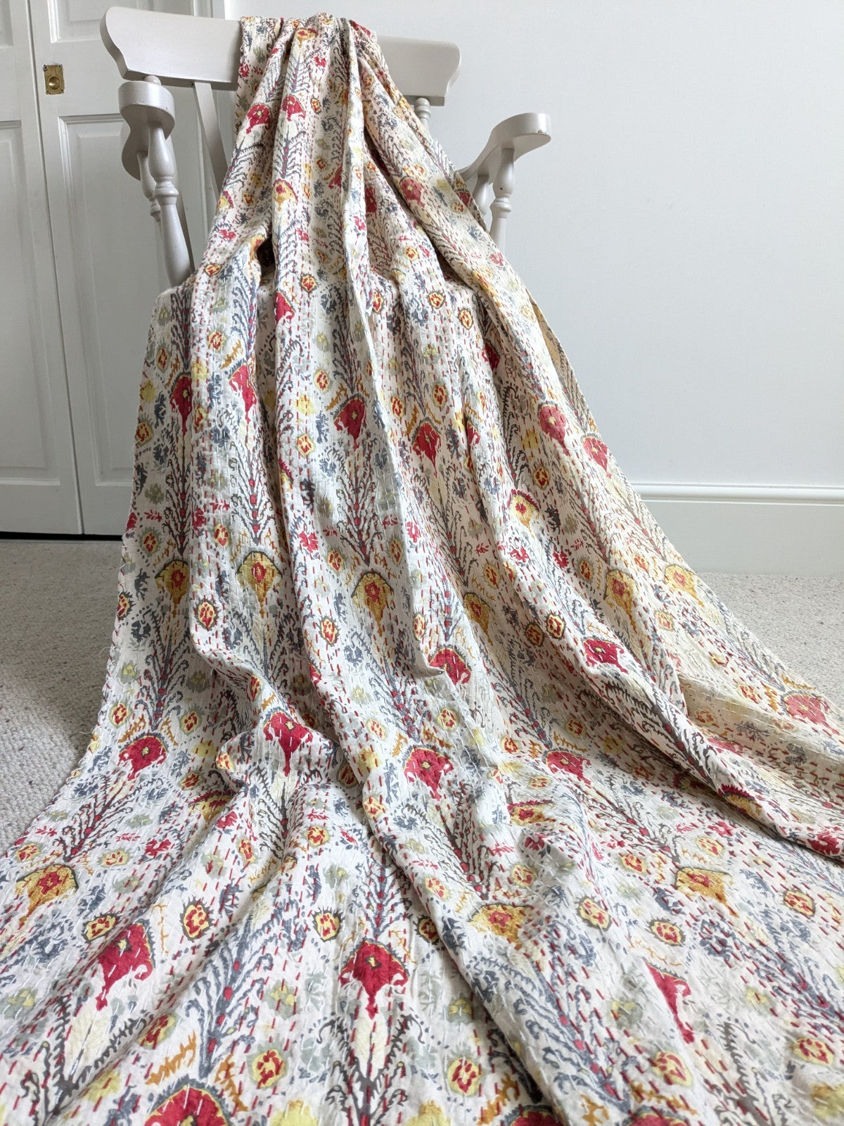 Single Door Curtain Quilted Kantha Throw Pencil W134 x 206 cm Red Yellow READ D.