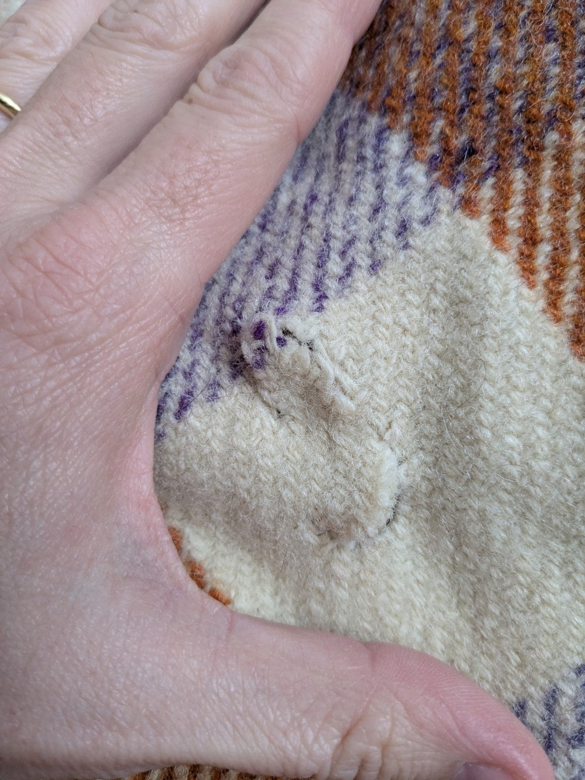 Vintage Welsh Wool Blanket Cream Orange Purple Bedspread Throw 200x190cm READ D