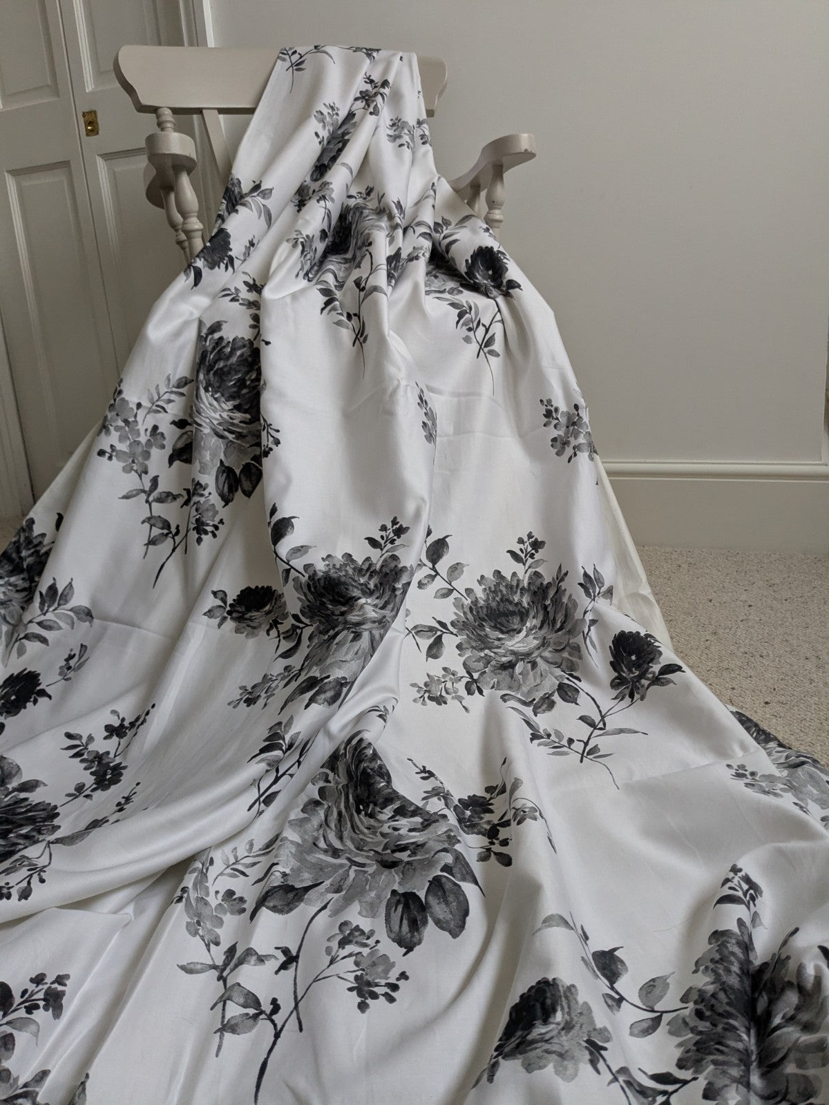 Julian Charles Lined Floral White & Charcoal Long Curtains Eyelet W64" x D90"