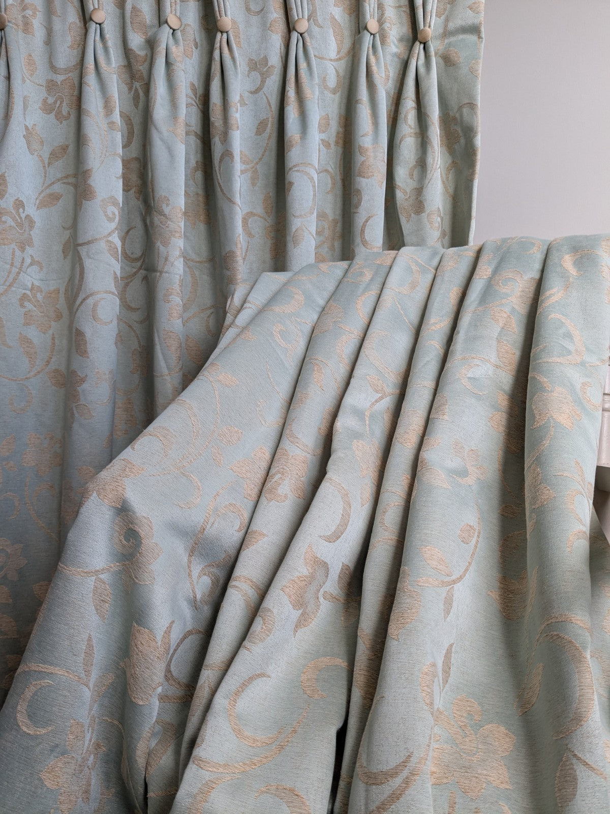 Warm Damask Interlined Curtains W36 x L85 in Duck Egg Blue Satin Jacquard Floral