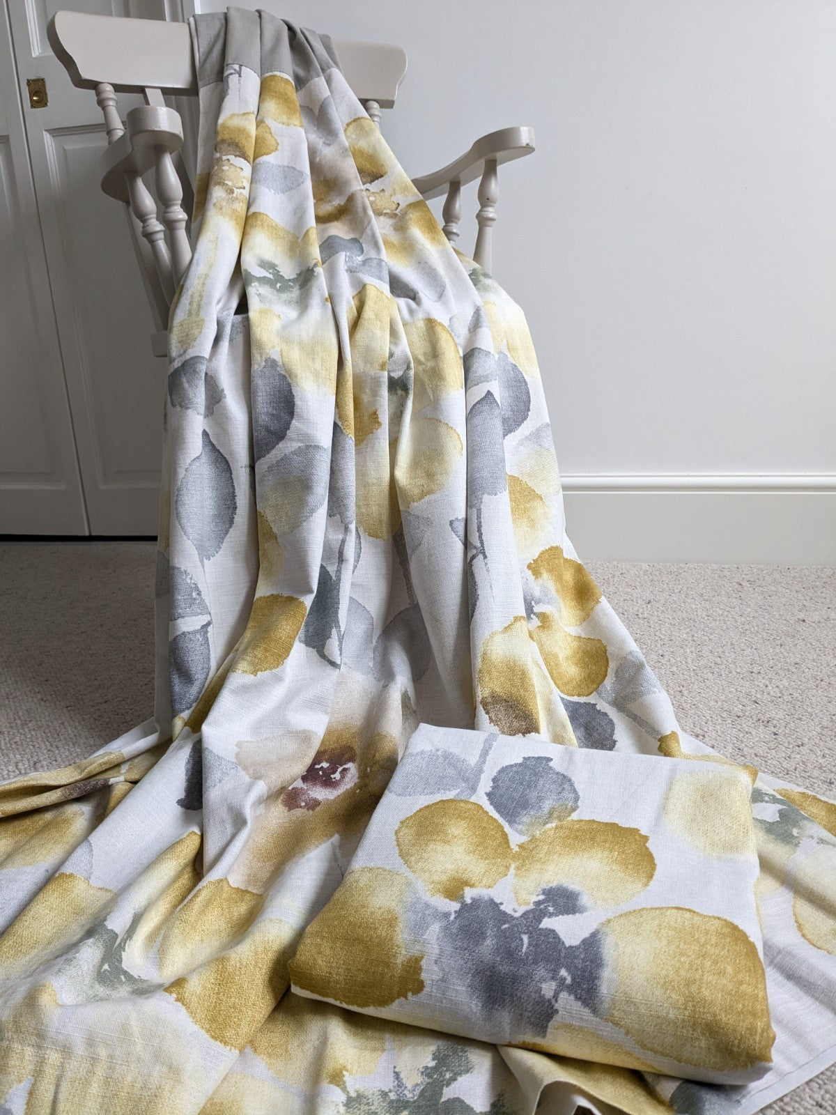Next Long Cotton Eyelet Curtains 168 x 183 cm W66xD72in Lined Yellow Floral Grey