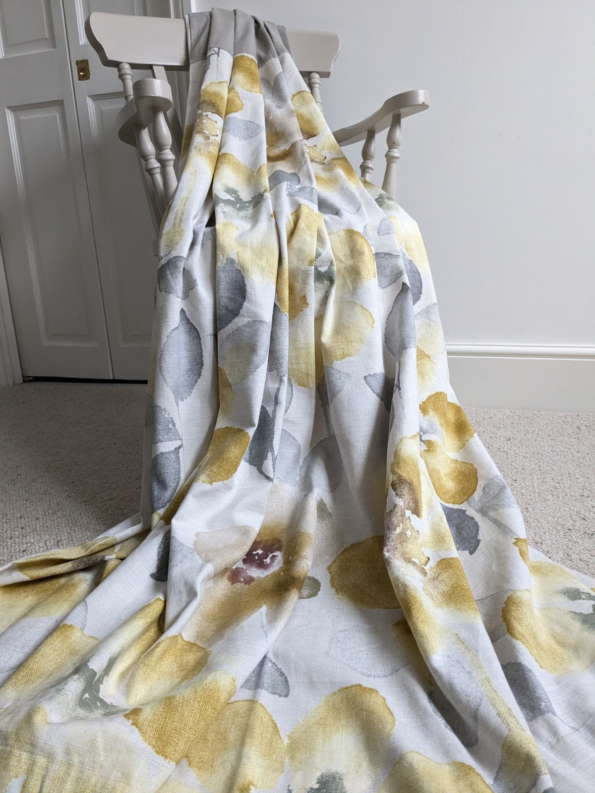 Next Long Cotton Eyelet Curtains 168 x 183 cm W66xD72in Lined Yellow Floral Grey