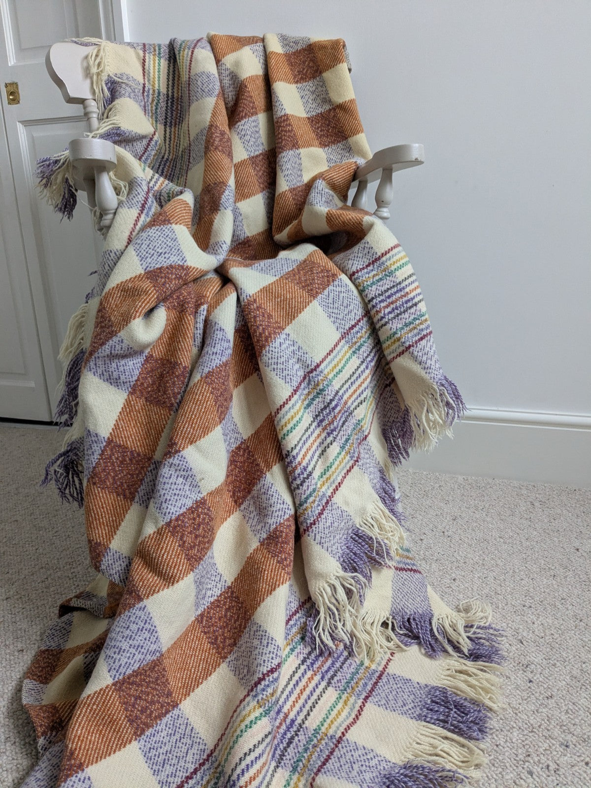 Vintage Welsh Wool Blanket Cream Orange Purple Bedspread Throw 200x190cm READ D