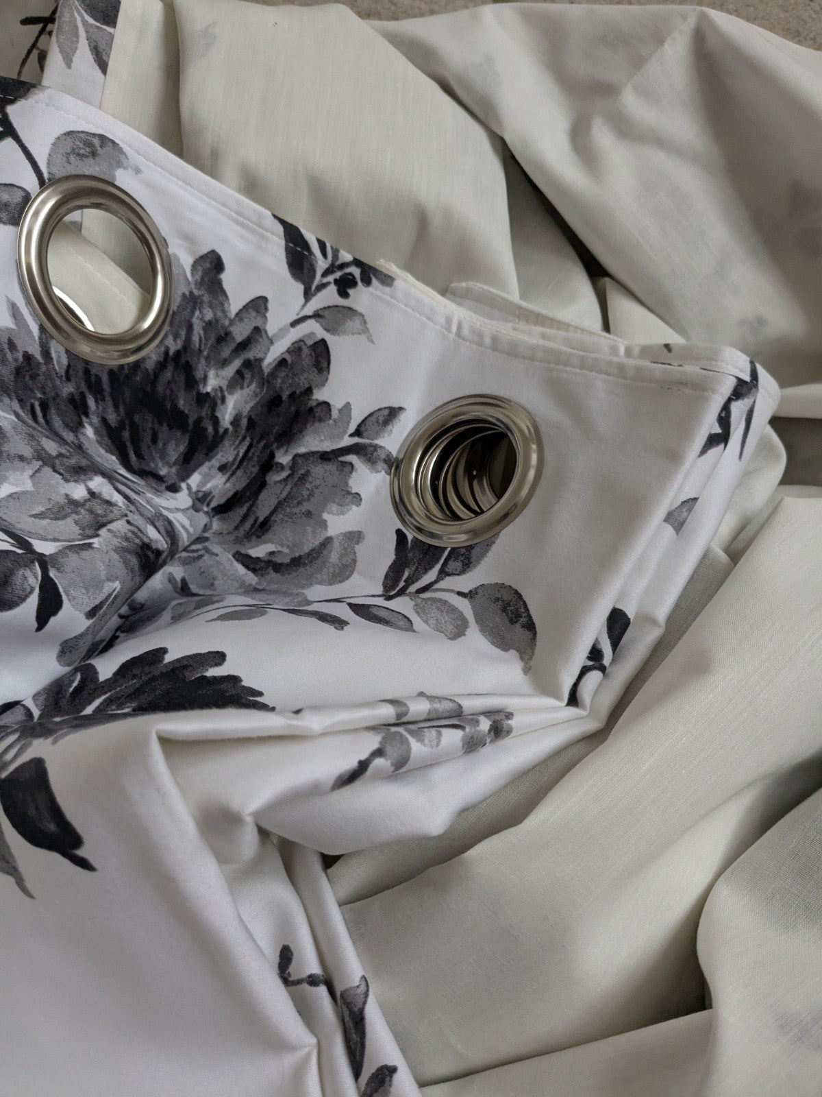 Julian Charles Lined Floral White & Charcoal Long Curtains Eyelet W64" x D90"