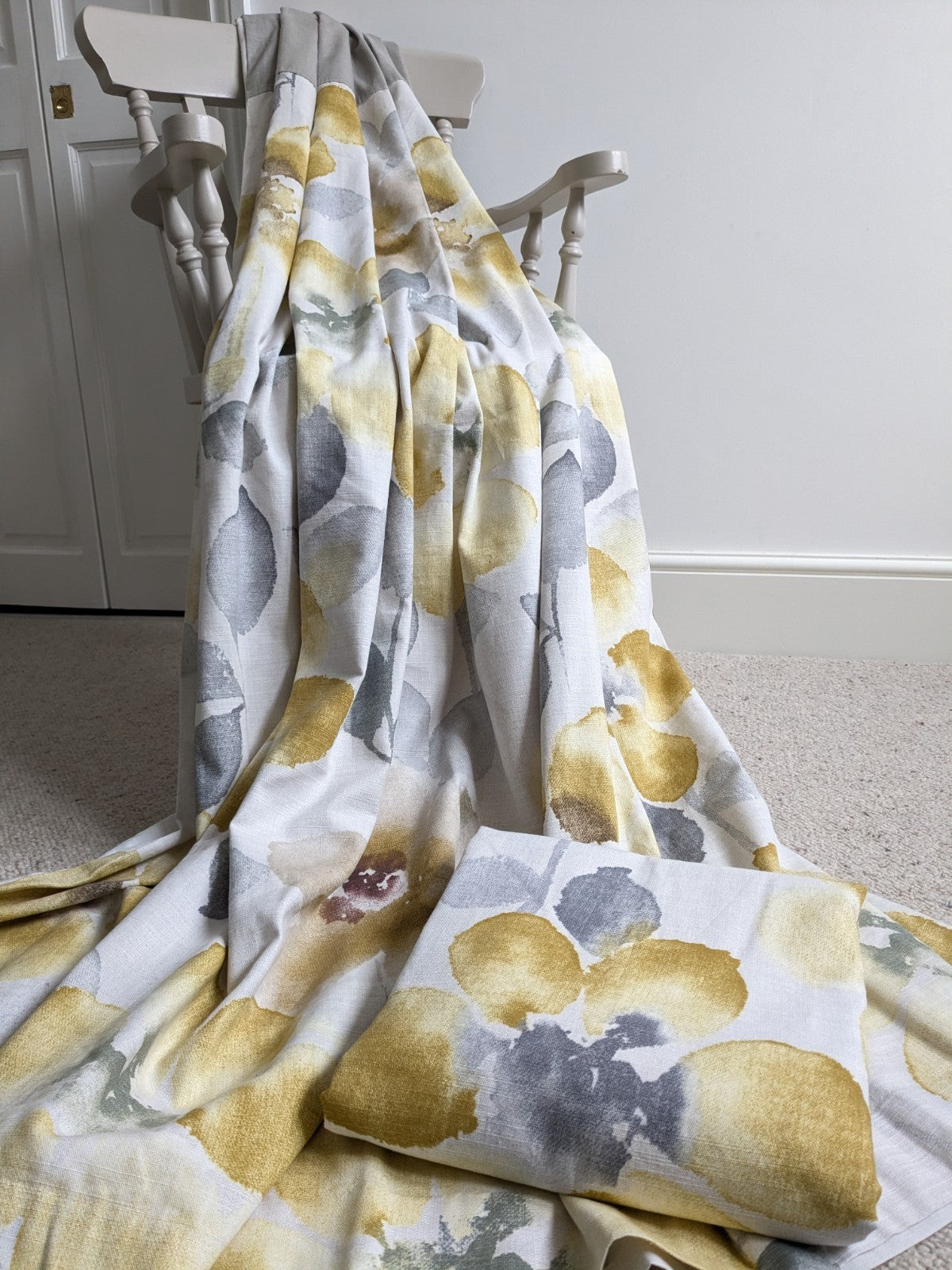Next Long Cotton Eyelet Curtains 168 x 183 cm W66xD72in Lined Yellow Floral Grey