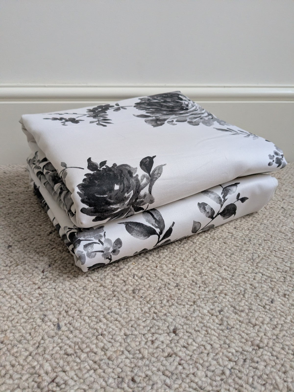 Julian Charles Lined Floral White & Charcoal Long Curtains Eyelet W64" x D90"