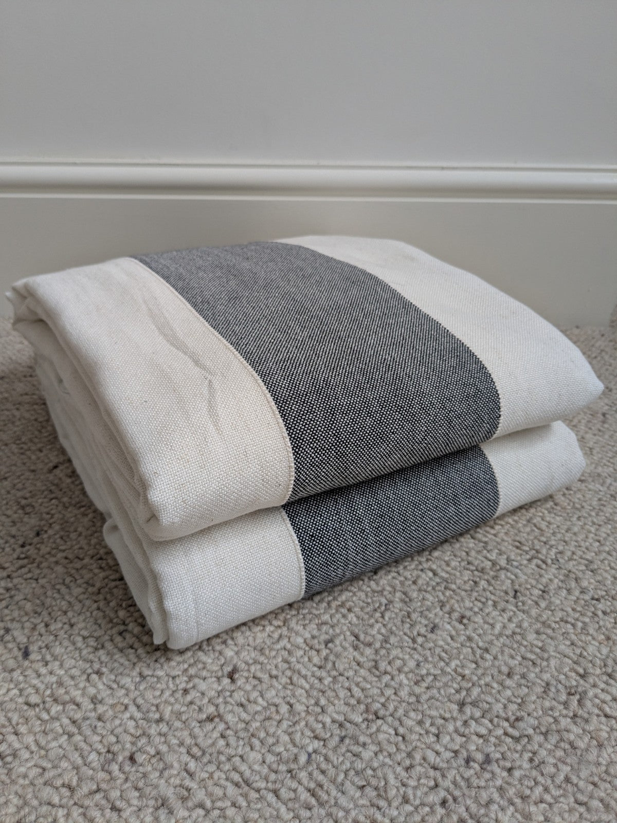 Linen Blend Curtains W168 x L182 cm Blue Off-white Wide Stripes Eyelet Nautical