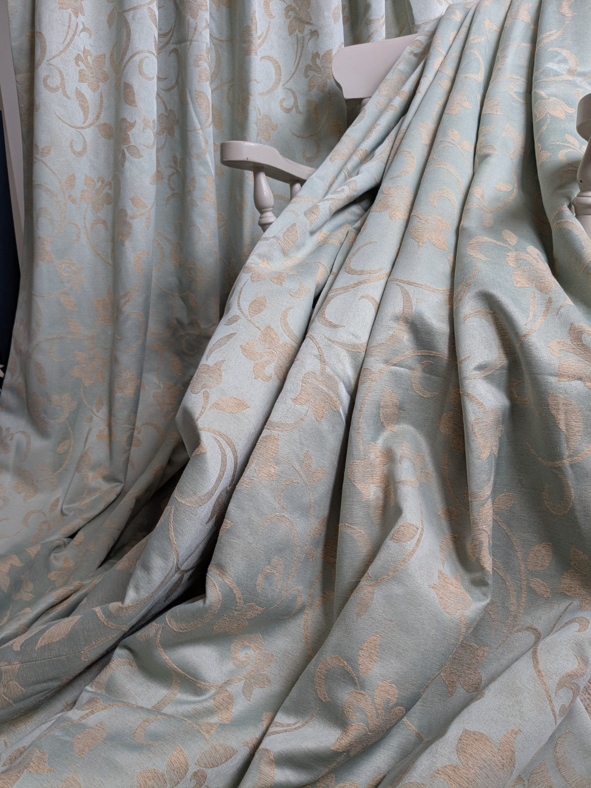 Warm Damask Interlined Curtains W36 x L85 in Duck Egg Blue Satin Jacquard Floral