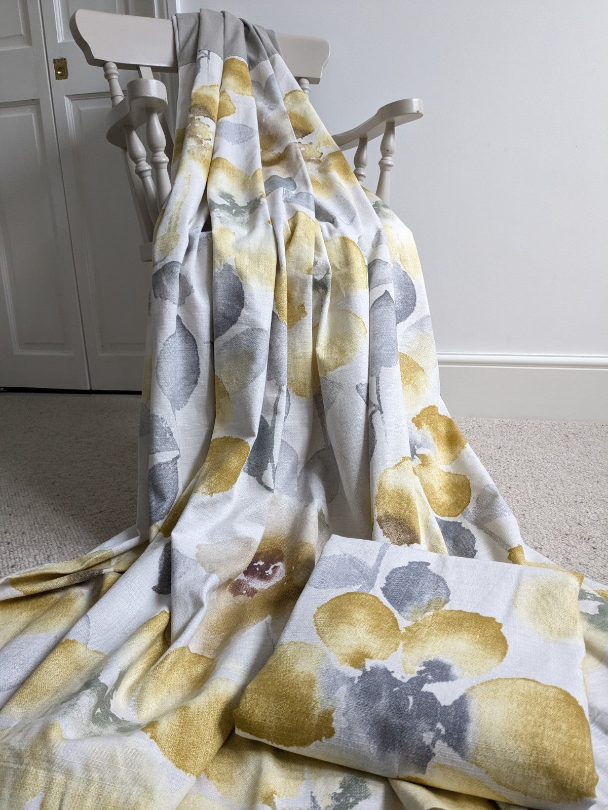 Next Long Cotton Eyelet Curtains 168 x 183 cm W66xD72in Lined Yellow Floral Grey