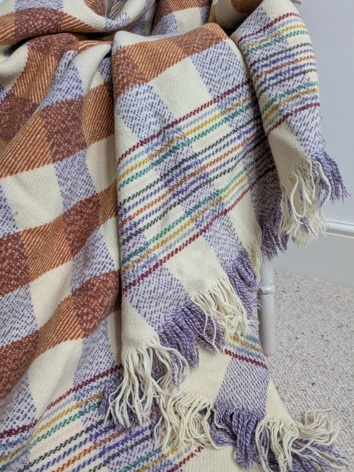 Vintage Welsh Wool Blanket Cream Orange Purple Bedspread Throw 200x190cm READ D