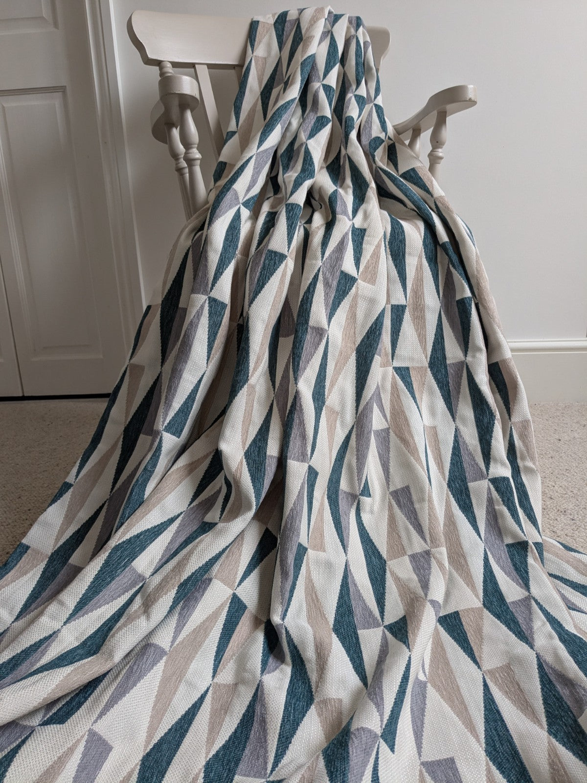 Dunelm Large Geometric Blue Beige Lined Heavy Eyelet Curtains W168 x D182 cm