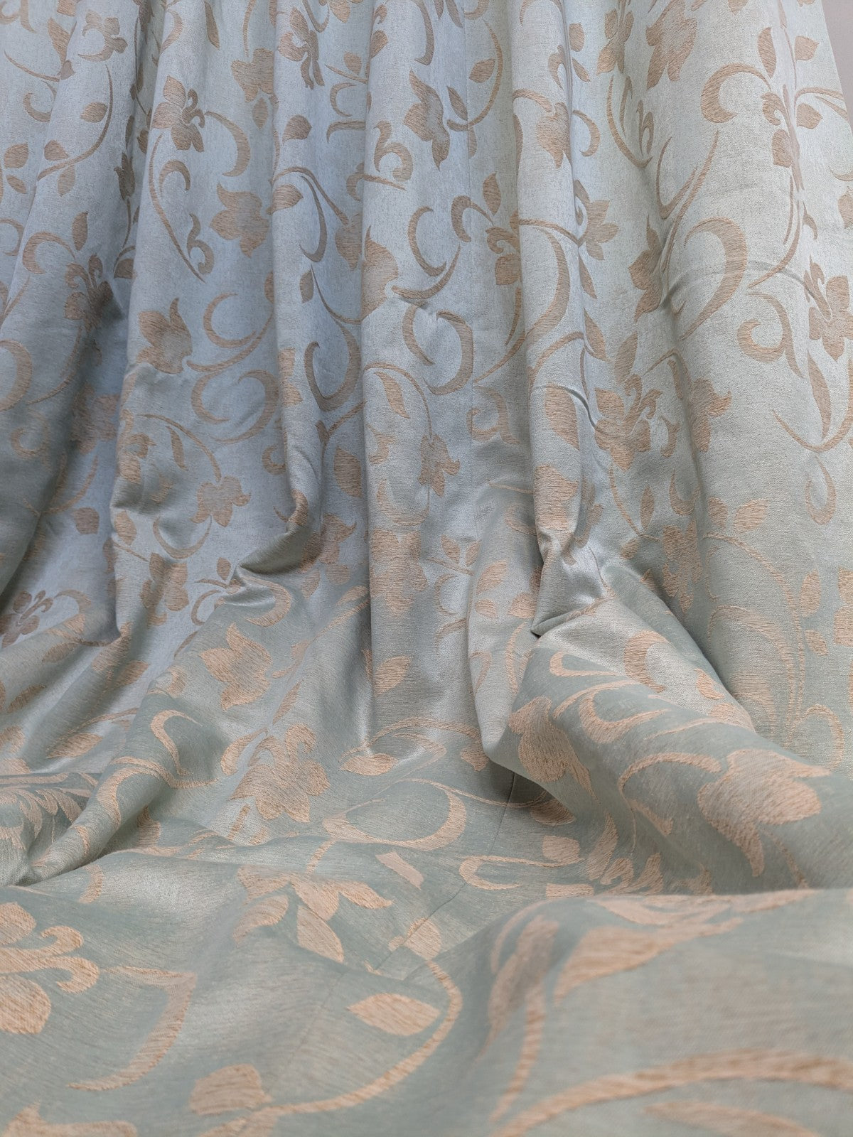 Warm Damask Interlined Curtains W36 x L85 in Duck Egg Blue Satin Jacquard Floral