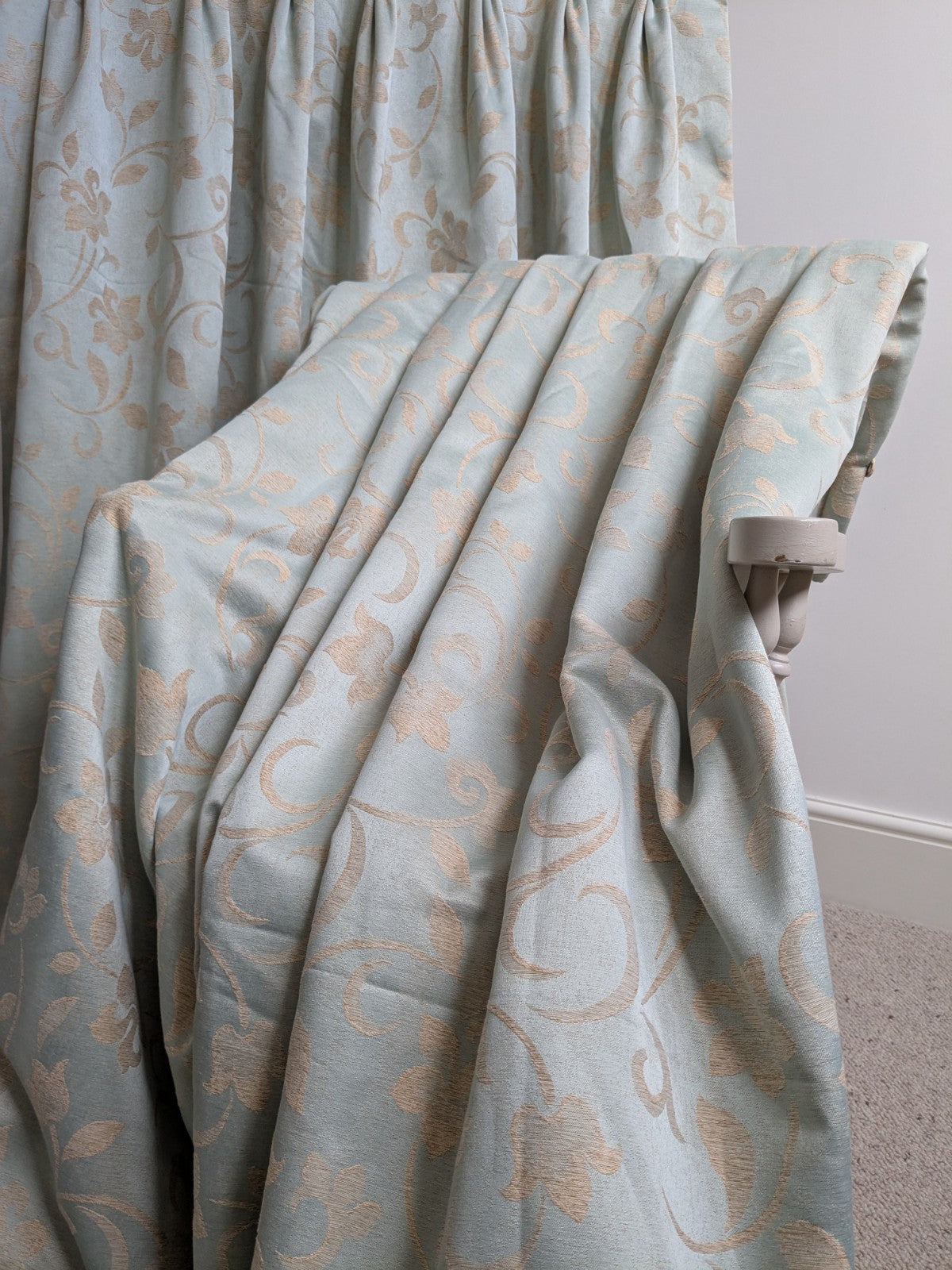 Warm Damask Interlined Curtains W36 x L85 in Duck Egg Blue Satin Jacquard Floral