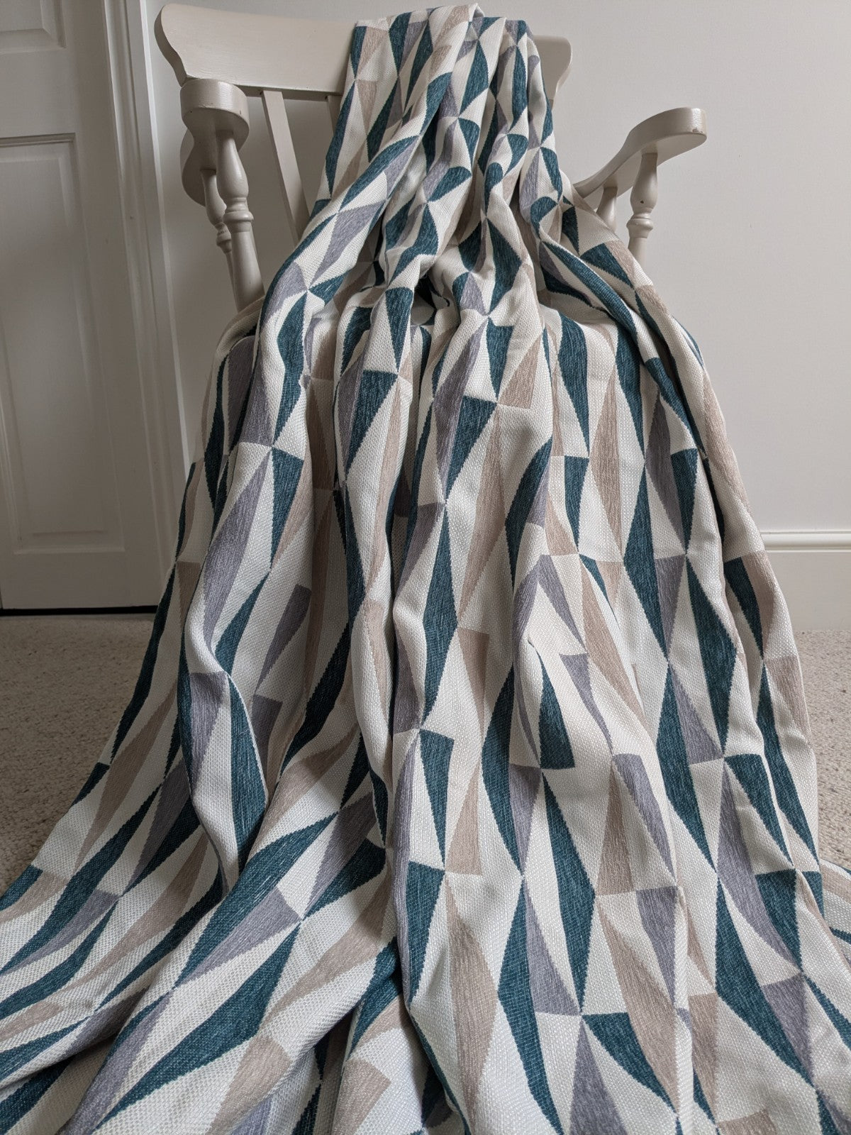 Dunelm Large Geometric Blue Beige Lined Heavy Eyelet Curtains W168 x D182 cm