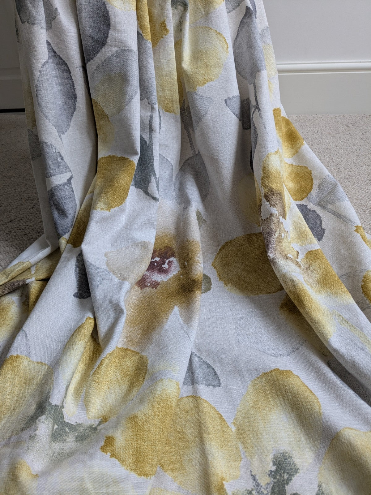 Next Long Cotton Eyelet Curtains 168 x 183 cm W66xD72in Lined Yellow Floral Grey