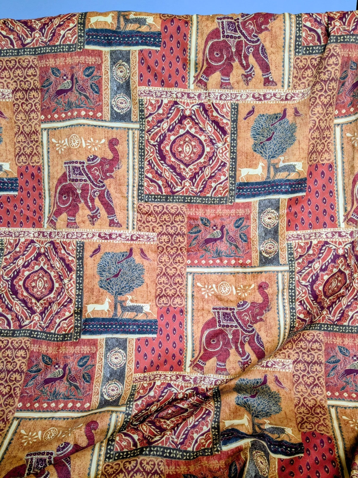 Vintage Raj Elephant Patchwork Design Gold Detailing Orange Curtains W58" x L68"