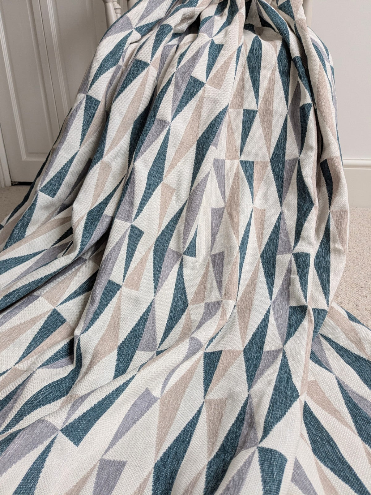 Dunelm Large Geometric Blue Beige Lined Heavy Eyelet Curtains W168 x D182 cm