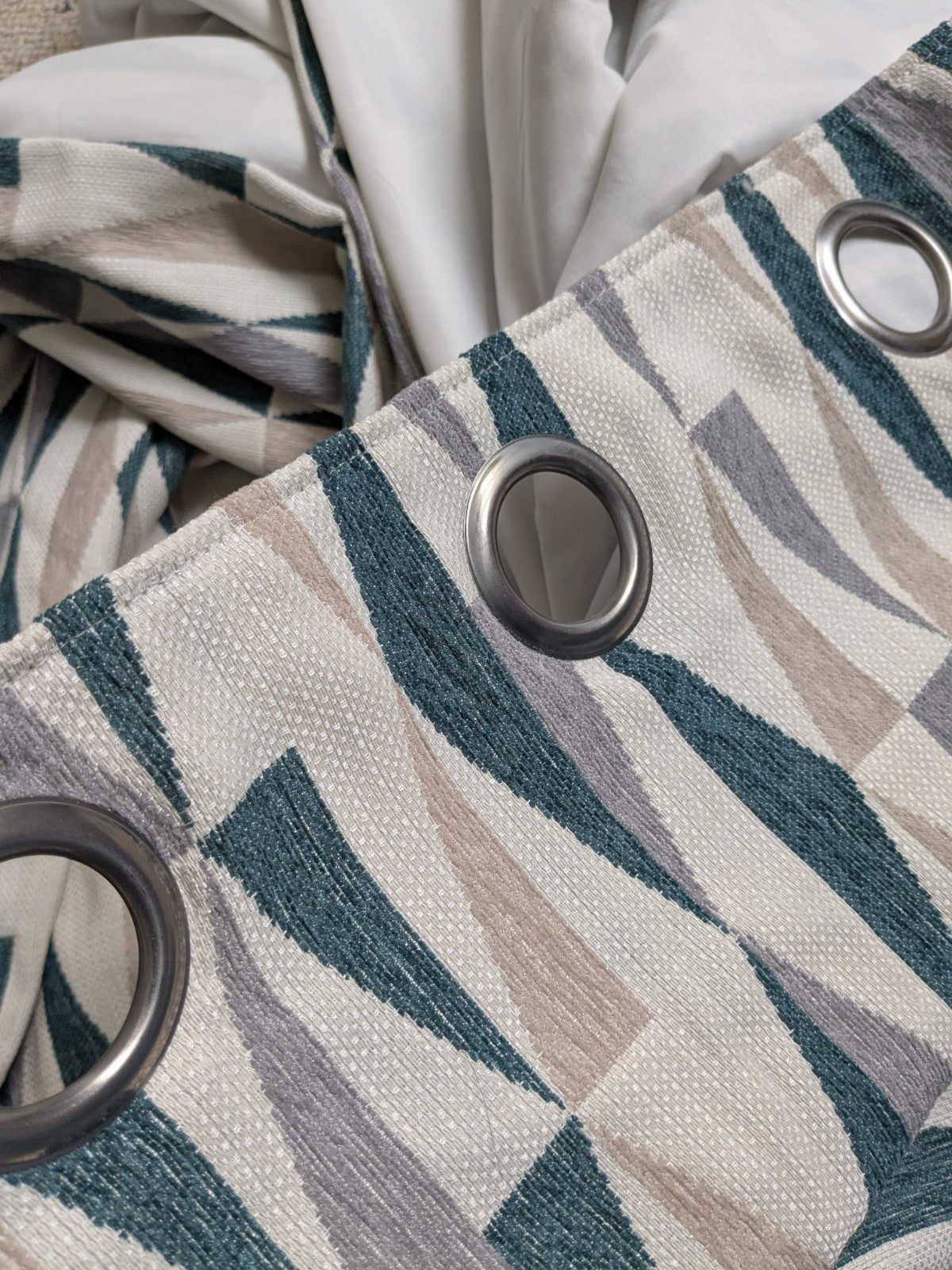 Dunelm Large Geometric Blue Beige Lined Heavy Eyelet Curtains W168 x D182 cm