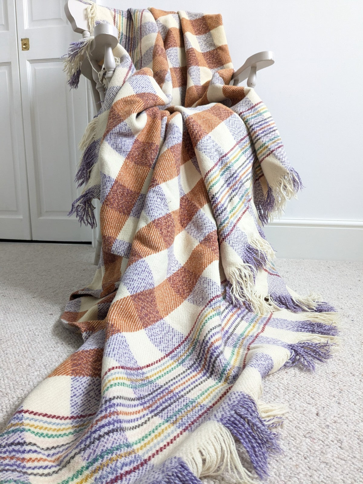 Vintage Welsh Wool Blanket Cream Orange Purple Bedspread Throw 200x190cm READ D