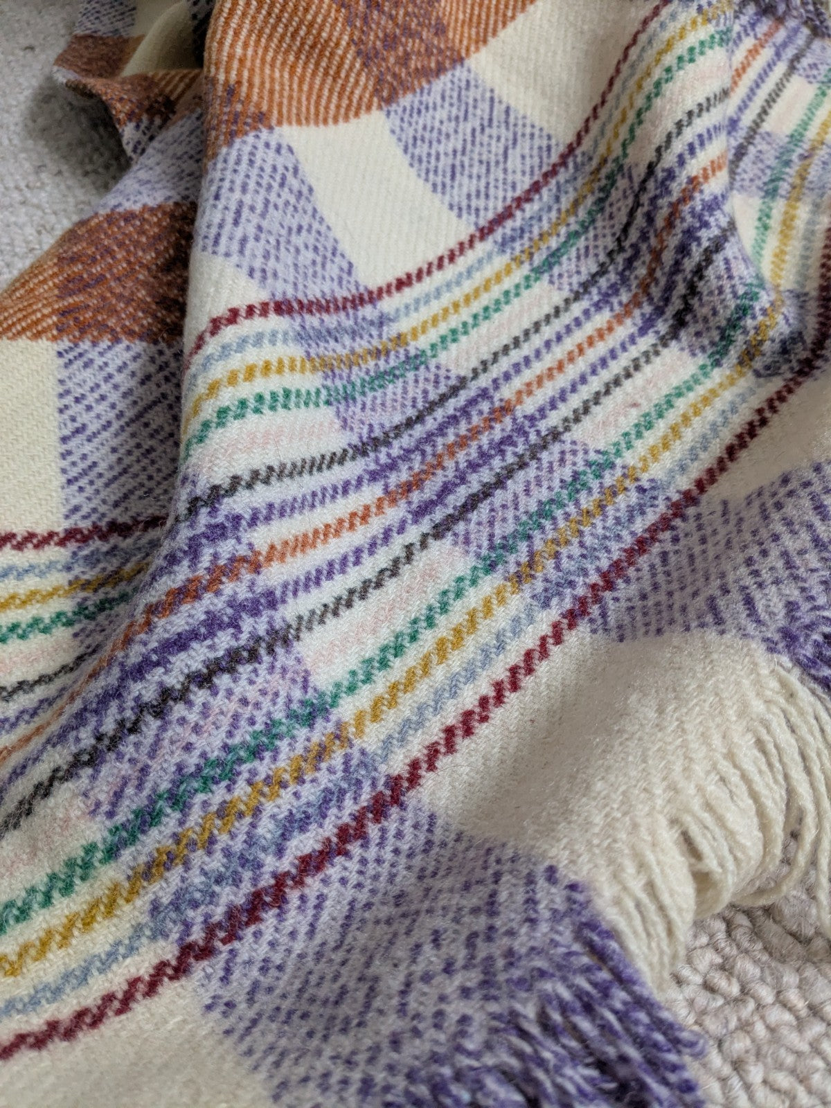 Vintage Welsh Wool Blanket Cream Orange Purple Bedspread Throw 200x190cm READ D