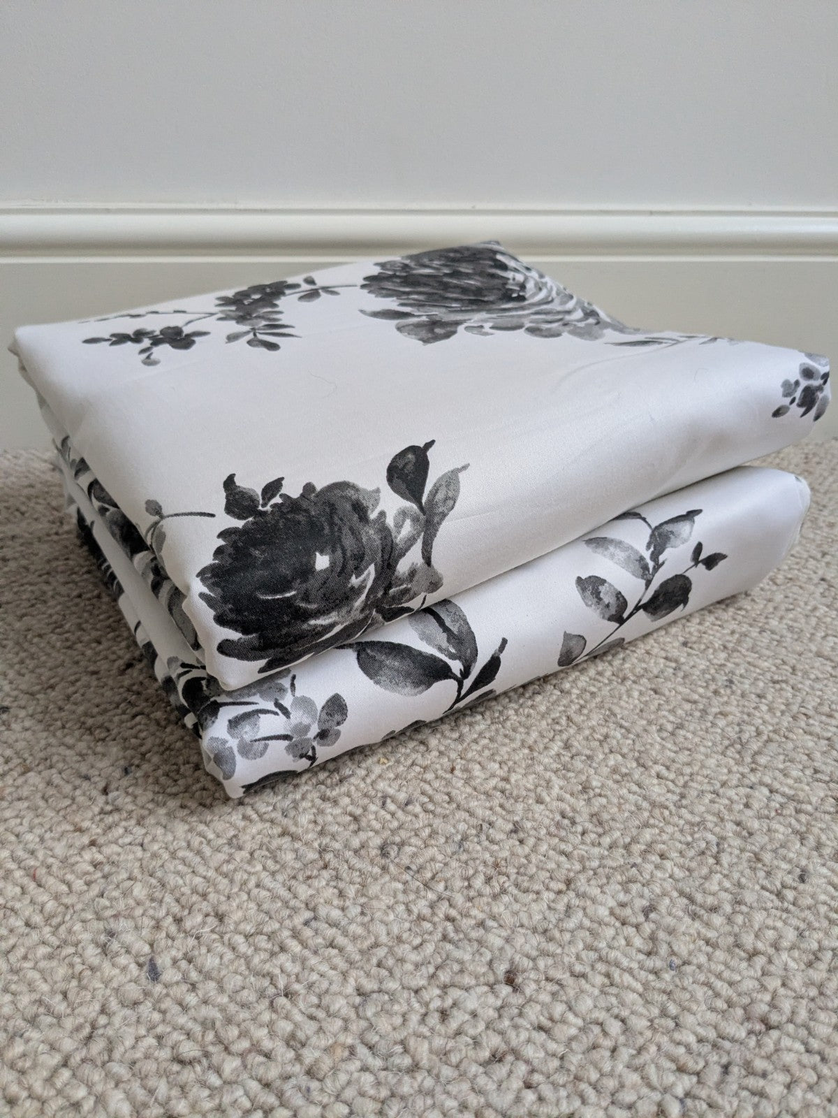 Julian Charles Lined Floral White & Charcoal Long Curtains Eyelet W64" x D90"