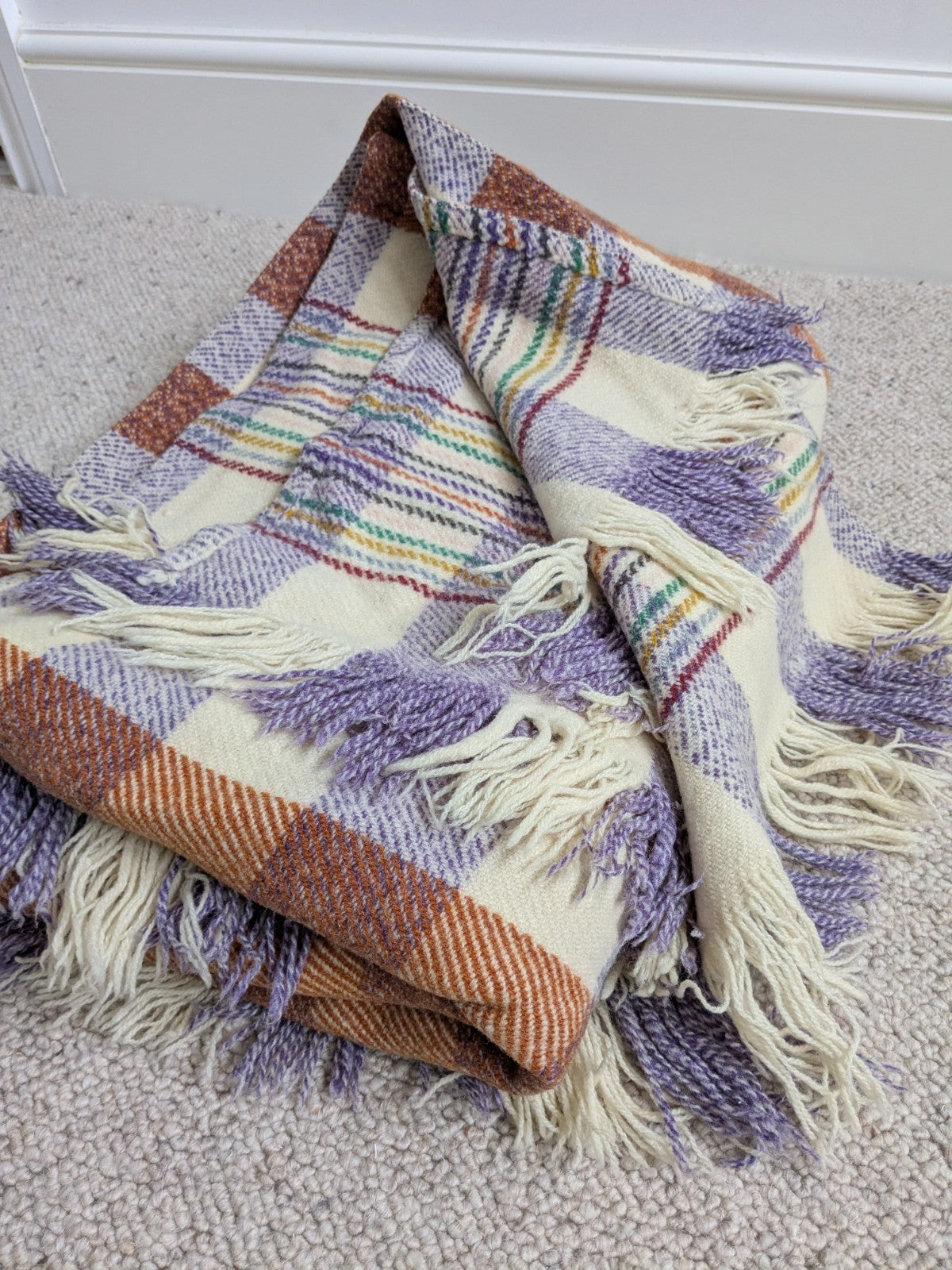 Vintage Welsh Wool Blanket Cream Orange Purple Bedspread Throw 200x190cm READ D