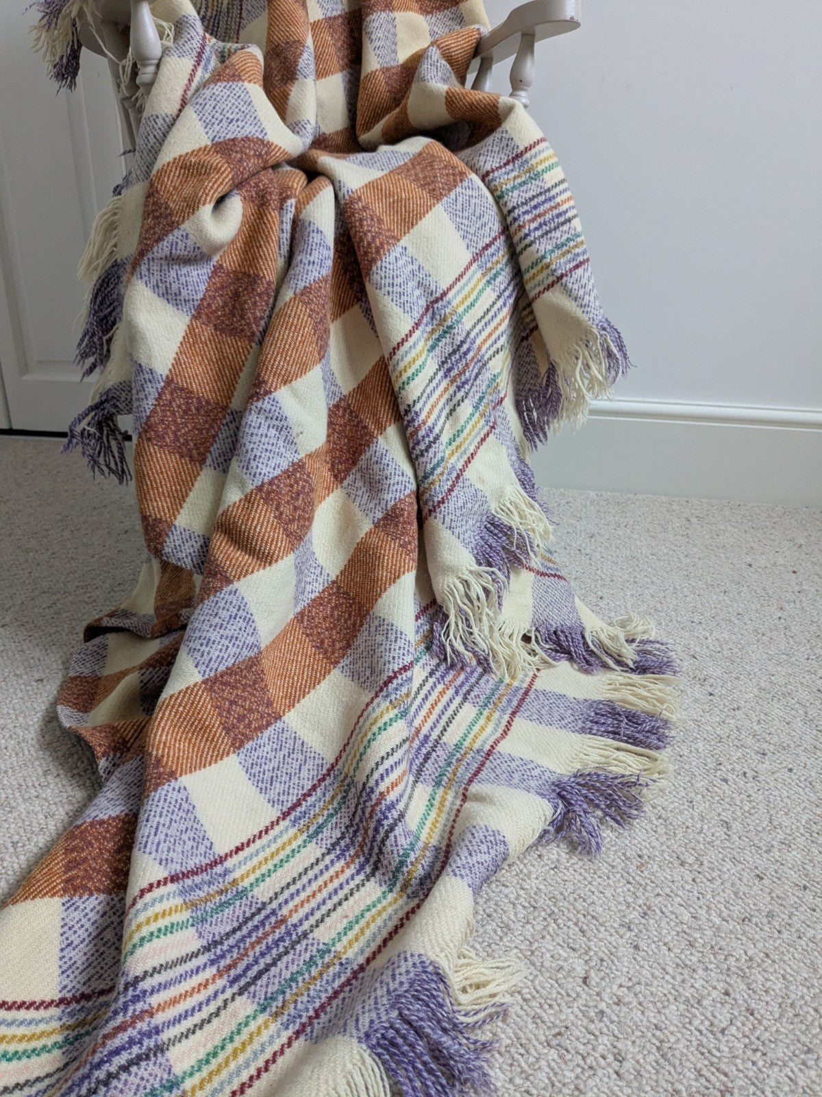 Vintage Welsh Wool Blanket Cream Orange Purple Bedspread Throw 200x190cm READ D