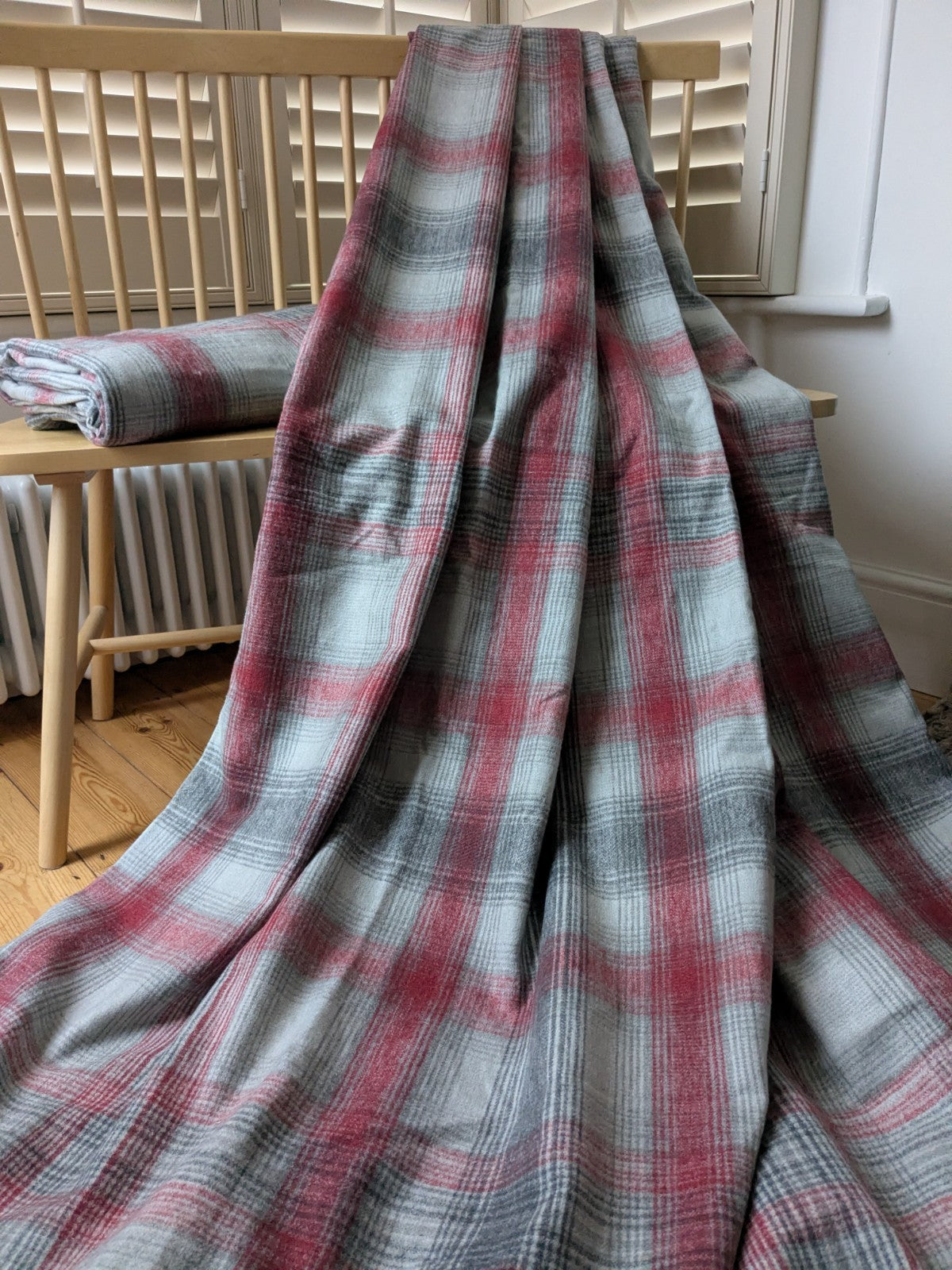 Next Curtains W168 x L229 cm Grey Red Tartan Check Eyelet Long Heavy Faux Wool