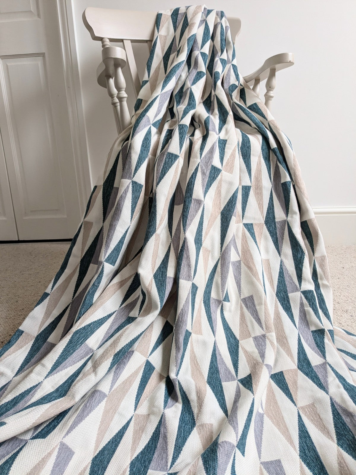 Dunelm Large Geometric Blue Beige Lined Heavy Eyelet Curtains W168 x D182 cm